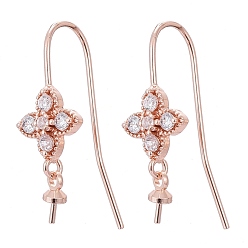 Rose Gold Brass Micro Pave Cubic Zirconia Earring Hooks, for Half Drilled Beads, Long-Lasting Plated, Flower, Clear, Rose Gold, 25mm, 21 Gauge, Pin: 0.7mm