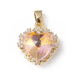 Бежевый Настоящие позолоченные подвески из латуни с микропаве из прозрачного кубического циркония, со стеклом, долговечный, без кадмия и без свинца, шарма сердца, бежевые, 18 мм, отверстие : 20x17x8 мм