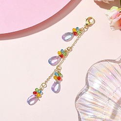 Сливовый Подвесные украшения из стеклянных бусин, с 304 из нержавеющей стали Lobster Claw застежками, слеза, слива, 125 мм