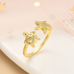 Настоящее золото 18K 304 открытые манжеты из нержавеющей стали для женщин, с кубического циркония, черепаха, реальный 18 k позолоченный, 29 мм, внутренний диаметр: регулируемый