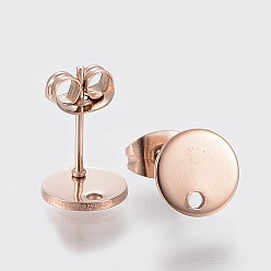 Rose Gold Ion Plating(IP) 304 Stainless Steel Stud Earring Findings, with Loop and Flat Plate, Ear Nuts/Earring Backs, Flat Round, Rose Gold, 10x1mm, Hole: 1.2mm, Pin: 0.8mm