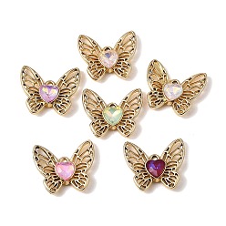 Golden UV Plating Alloy Glass Pendants, Butterfly with Heart Charm, Faceted, Mixed Color, Golden, 17x20x4.5mm, Hole: 1.5mm