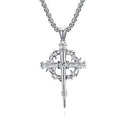 Stainless Steel Color 304 Stainless Steel Necklaces, Thorns Nail Cross Pendant Necklaces for Men, Stainless Steel Color, 23.62 inch(60cm)