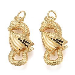 Real 18K Gold Plated Brass Micro Pave Black Cubic Zirconia Pendants, with Jump Rings, Long-Lasting Plated, Dragon Shape, Real 18K Gold Plated, 24x12x7mm, Hole: 3mm