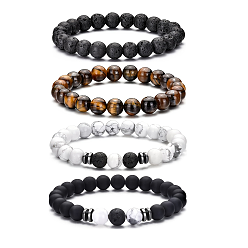 Смешанные камни 4шт. браслеты из натуральной лавы, тигрового глаза и хаулита для женщин и мужчин, круглые, с синтетическим немагнитным гематитом, внутренний диаметр: 3-1/8 дюйм (8 см) ~ 4 дюйм (10 см)