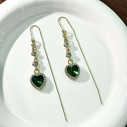 Изумруд Нить для ушей со стразами из сплава, сердце, золотой свет, изумруд, 80 мм