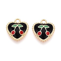 Черный Подвески из эмали и сплава, сердце с вишневым шармом, золотые, чёрные, 17x16x3.5 мм, отверстие : 2 мм