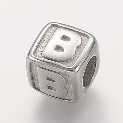 Letter B Устойчивые к потускнению 304 европейские бусины из нержавеющей стали, горизонтальное отверстие, бусины с большим отверстием, куб с letter.b, 8x8x8 мм, отверстие : 4 мм