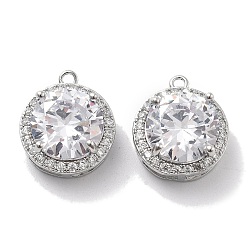Платинированный Латунные микро проложить кубического циркония подвески, без кадмия, без никеля и без свинца, со стеклом, плоские круглые прелести, Реальная платина, 15x13x7 мм, отверстие : 1.2 мм