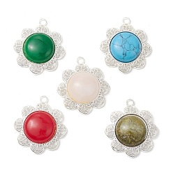 Смешанные камни Природные каменные смешанные подвески, цветка сплава прелести, серебряный цвет гальваническим, смешанные окрашенные и неокрашенные, 39x34.5x8.5~9 мм, отверстие : 3.5 мм