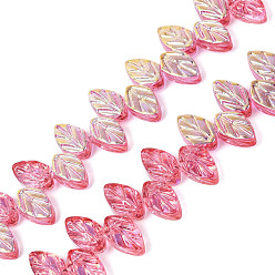 Cerise Plaquent verre transparent perles brins, feuille, de couleur plaquée ab , demi-plaqué, teint et cœur, cerise, 11~11.5x6.5~7x3~4mm, Trou: 0.8~0.9mm, Environ 98~100 pcs/chapelet, 18.90~19.29 pouce (48~49 cm)