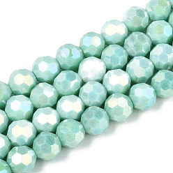 Средний Аквамарин Антикоррозийные гальванические стеклянные бусины, имитация драгоценных камней, круглые, с покрытием AB цвета, граненый(32 граненый), средний аквамарин, 7.8~8.2x7.8 мм, отверстие : 1 мм, около 52~54 шт / нитка, 15.55~16.14'' (39.5~41 см)