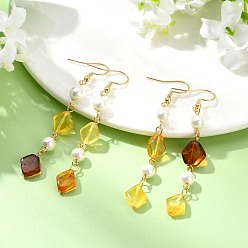 Real 18K Gold Plated 304 Stainless Steel Shell Pearl Dangle Earrings, Rhombus, with Natural Amber Pendants, Real 18K Gold Plated, 70~72x9~11mm