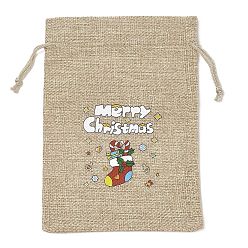 Christmas Socking Рождественские упаковочные пакеты из мешковины с принтом, сумки на шнурке, прямоугольные, загар, рождественские носки, 18x13x0.01 см