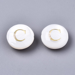Letter C Natural Freshwater Shell Beads, with Golden Plated Brass Etched Metal Embellishments, Flat Round, Seashell Color, Letter.C, 8x3~5mm, Hole: 0.5~07mm