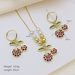 Вишня Комплекты из латунных подвесок и серег-колец с микропаве из кубического циркония, вишня, Серьги: 34x20 mm