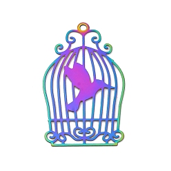 Птица 201 подвески из травленого металла из нержавеющей стали, Радуга цветов, клетка, птица, 35x21x0.3 мм, отверстие : 1.6 мм