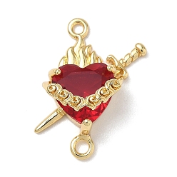 Настоящее золото 18K Подвески-соединители в виде священного сердца из латуни со стеклом темно-красного цвета, без свинца и без кадмия, долговечный, стойки покрытие, реальный 18 k позолоченный, 23x19x8 мм, отверстие : 1.6 мм