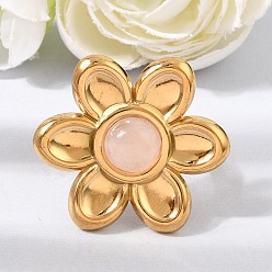 Rose Quartz 304 Stainless Steel Cuff Open Rings for Women, Flower, with Natural Rose Quartz, Ion Plating(IP), Golden, US Size 7(17.3mm)