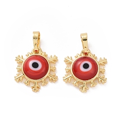 Red Handmade Evil Eye Lampwork Pendants, with Real 18K Gold Plated Tone Brass Findings, Snowflake Charm, Red, 15x16x4mm, Hole: 4x6.5mm