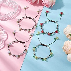 (52) Непрозрачная лаванда 4шт. круглые браслеты из плетеных бусин из натурального кварцевого кристалла, браслеты из акриловых бусин-цветов для женщин, со стеклянными бусинами и стеклянными жемчужными бусинами, разноцветные, внутренний диаметр: 2 дюйм (5.05 см)