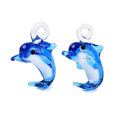 Royal Blue Handmade Lampwork Pendants, Dolphin Charms, Royal Blue, 36~38x27~29x17~21mm, Hole: 3.5~6mm