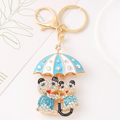 Light Sky Blue Alloy with Rhinestone Keychain for Women, Umbrella with Bear, Light Sky Blue, 13cm
