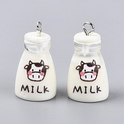 (404) Непрозрачное AB Кислое яблоко Печатные подвески из непрозрачной смолы, молочный шарм, с платиново-железными петлями, цветочный белый, 23~23.5x12~13 мм, отверстие : 2 мм