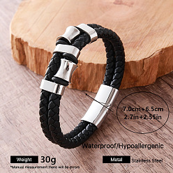 Color de Acero Inoxidable Pulseras de estilo europeo vintage 304 de acero inoxidable con cordón de cuero sintético de múltiples hebras y cierres magnéticos para mujeres y hombres, negro, color acero inoxidable, diámetro interior: 2.76 pulgada (7 cm)
