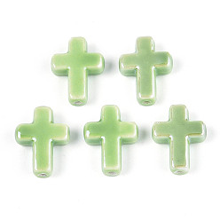 Светло-зеленый Фарфоровые бусины ручной работы, яркие глазированный фарфор, крестик, светло-зеленый, 16~17x13~13.5x5~5.5 мм, отверстие : 1.4~1.8 мм