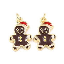 Coconut Brown Brass Enamel Pendants, with Jump Ring, Long-Lasting Plated, Real 18K Gold Plated, for Christmas, Gingerbread Man, Coconut Brown, 15x10x2mm, Jump Ring: 4x0.8mm, 2.4mm Inner Diameter