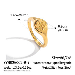 Real 18K Gold Plated 304 Stainless Steel Finger Rings for Women, Sun Pattern, Real 18K Gold Plated, 9mm, US Size 8(18.1mm)