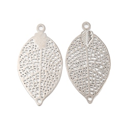 Platinum Long-Lasting Plated Brass Connector Charms, Hollow Leaf Links, Platinum, 28x15x0.3mm, Hole: 1.2mm