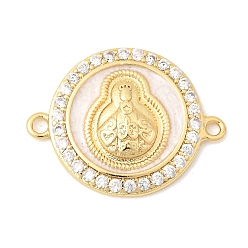 Белый Латунные микропаве из прозрачных кубических цирконий с эмалью, религиозные соединительные подвески., плоская круглая с необработанными звеньями, долговечный, без кадмия и без свинца, стойки покрытие, реальный 18 k позолоченный, белые, 17.5x23x3.5 мм, отверстие : 1.6 мм