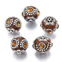 Седло Коричневый Индонезийские бусины ручной работы, со стразами топаз и фурнитурой из латуни под серебро, круглые, седло коричневый, 21~22x21~22x19.5 мм, отверстие : 1.8 мм