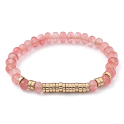 Kirsche Quarzglas Unisex Stretch Perlen Armbänder, mit Kirschquarzglasperlen und nichtmagnetischen synthetischen Hämatitperlen aus Elektroplatten, golden, Innendurchmesser: 2-1/4 Zoll (5.8 cm)