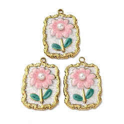 Rectangle 304 нержавеющей стальной эмали подвески, с абс пластмассовыми жемчужными бисером, ионное покрытие (ip), цветок, золотые, прямоугольные, 26x18.5x4.5 мм, отверстие : 1.6 мм