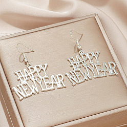 Серебро Серьги-подвески из акрила и сплава, слово с новым годом, серебряные, 50x24 мм