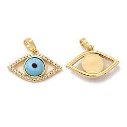 Light Sky Blue Rack Plating Brass Micro Pave Clear Cubic Zirconia Pendants, with Handmade Evil Eye Lampwork, Cadmium Free & Lead Free, Long-Lasting Real 18K Gold Plated, Eye Charm, Light Sky Blue, 15.5x23x4mm, Hole: 6x3mm