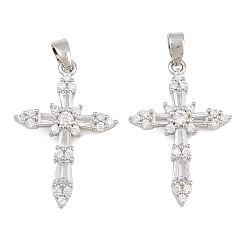 Platinum Brass Micro Pave Clear Cubic Zirconia Pendants, Cross Charms, Platinum, 25x17x3mm, Hole: 5x3mm