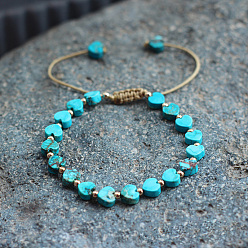 Голубой Женские плетеные браслеты из бусин в форме сердца из натуральной имперской яшмы, окрашенной в богемском стиле, с латунными бусинами и вощеным шнуром, голубой, 5.91~9.84 дюйм (15~25 см)