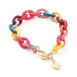Real 18K Gold Plated Brass Heart Charm Bracelets, with Rubberized Style Acrylic Cable Chains, Colorful, Real 18K Gold Plated, 8-3/4 inch(22.3cm)