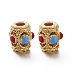 Red Matte Gold Color Brass Hollow Beads, with Enamel, Long-Lasting Plated, Column, Red, 10x9~10mm, Hole: 3mm