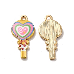 Pink Alloy Enamel Pendants, Golden, Heart Lollipop Charm, Pink, 24x12x2mm, Hole: 1.5mm