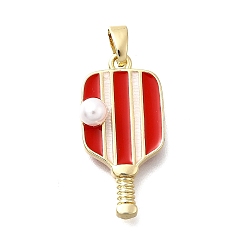 Красный Латунь эмаль подвески, ракетка, с abs имитационными жемчужными бусинами , реальный 18 k позолоченный, красные, 24.5x12x5.5 мм, отверстие : 4.5x2.5 мм