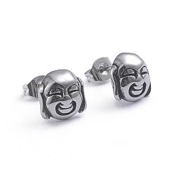 Antique Silver Retro 304 Stainless Steel Stud Earrings, with Ear Nuts, Buddha Head, Antique Silver, 9x9mm, Pin: 0.7mm