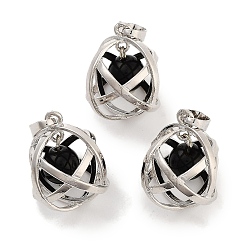 Обсидиан Подвески в виде круглых шариков из натурального обсидиана, овальные подвески из латуни платинового цвета с покрытием стойки, без кадмия и без свинца, 21x16x18 мм, отверстие : 6.5x5 мм