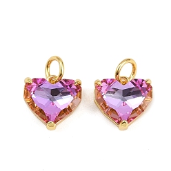 Лиловый Латунные микро проложить кубического циркония подвески, с подвесками в виде сердечек из стеклянных страз, стойки покрытие, без кадмия и без свинца, долговечный, с целью перехода в кольце, реальный 18 k позолоченный, сирень, 9.5x10.5x5.5 мм, отверстие : 3.5 мм