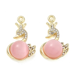 Pink Подвески из сплава и страза, лебедь прелести, со стеклом, долговечный, стойки покрытие, золотые, розовые, 27x16x10.5 мм, отверстие : 1.8 мм