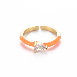 Dark Orange Brass Enamel Cuff Rings, Open Rings, Solitaire Rings, with Clear Cubic Zirconia, Nickel Free, Teardrop, Golden, Dark Orange, US Size 7(17.3mm)